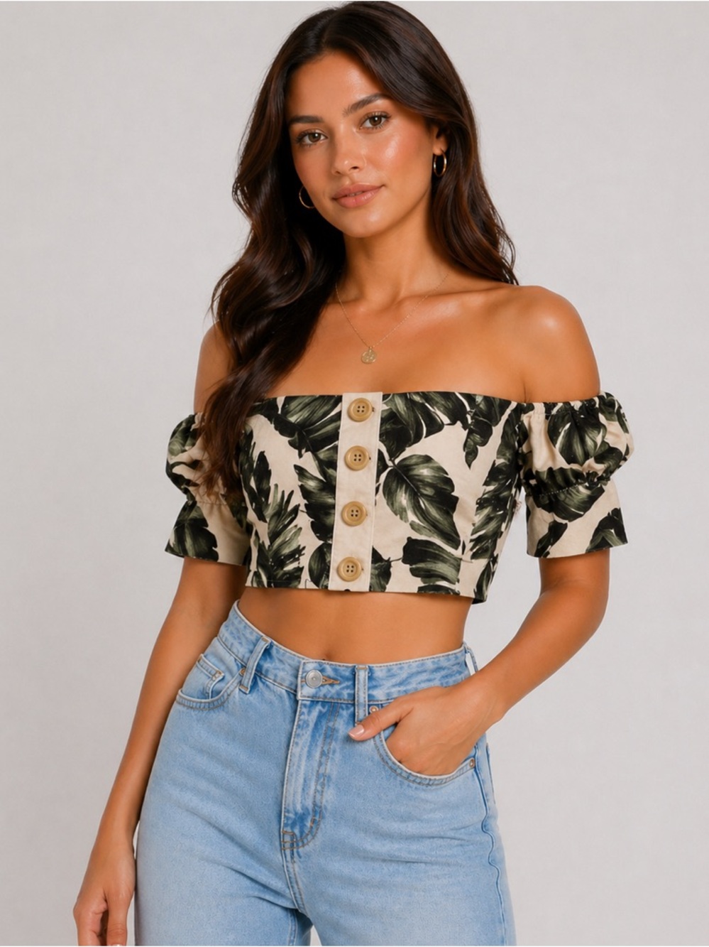 Studio F Off-Shoulder Tropical Leaf Crop Top - Cream/Green